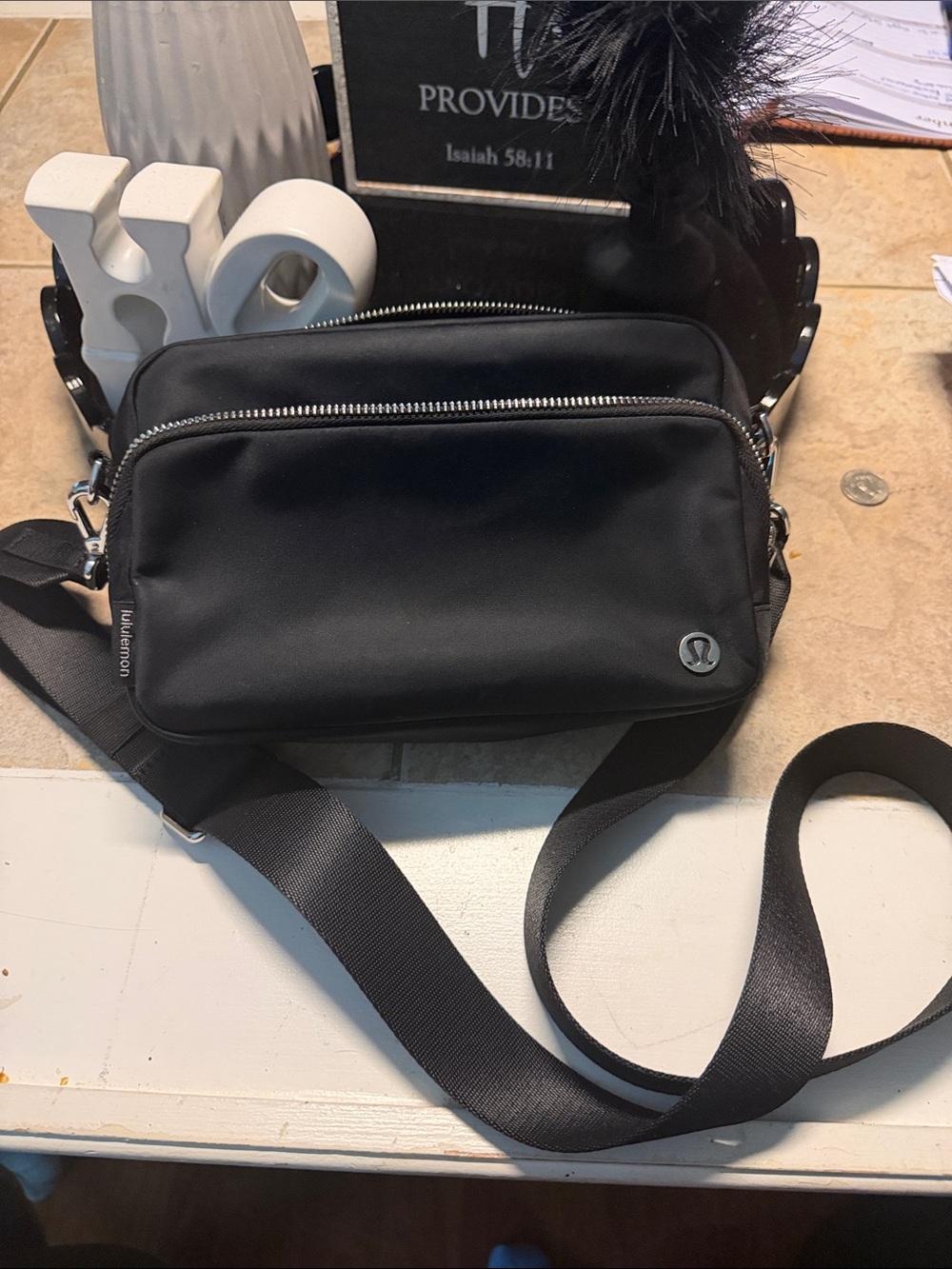 lululemon athletica Black Crossbody Messenger Bag with Silver Hardware